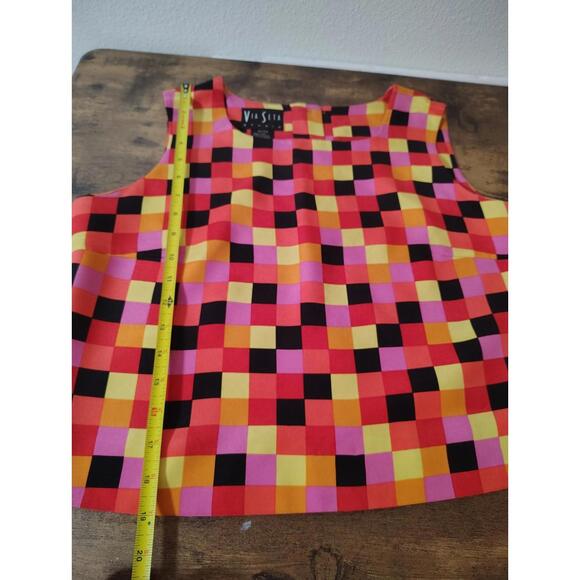 Via Seta 100% Silk Top Retro Cantaloupe Checkered Orange Pink Sleeveless Blouse - Picture 4 of 6